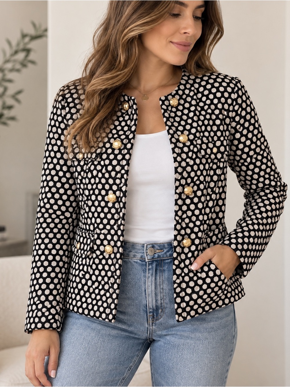 Liz Claiborne Black and Cream Polka Dot Buttoned Blazer